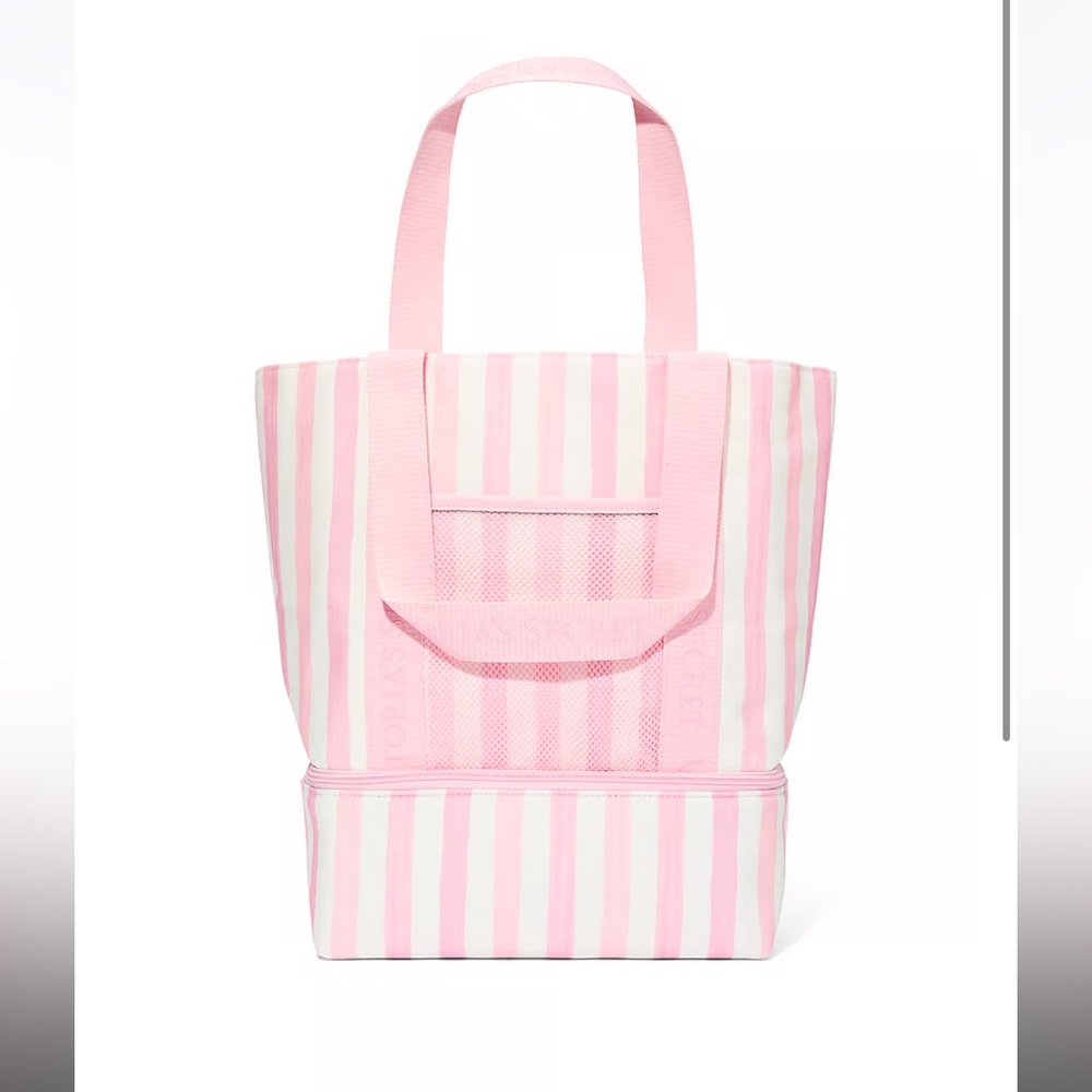 NWT VICTORIA’S SECRET Insulated Cooler Beach Tote Pink White Stripe Bag